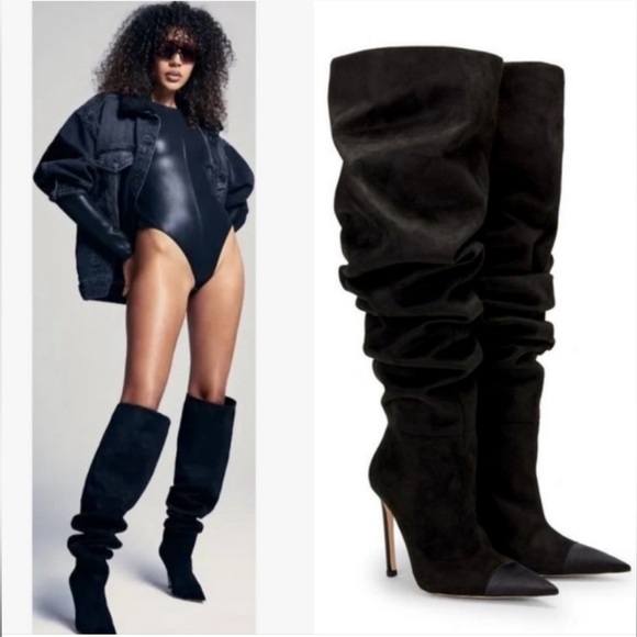 ❌SOLD❌ Good American Women’s 100% Suede Over the Knee Boots Slouchy Black 7 NWT - Picture 3 of 15